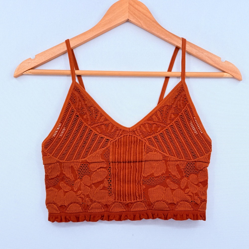 Fornia Crop Top Women Small Medium Orange Floral Lace Pointelle Boho Cottagecore
